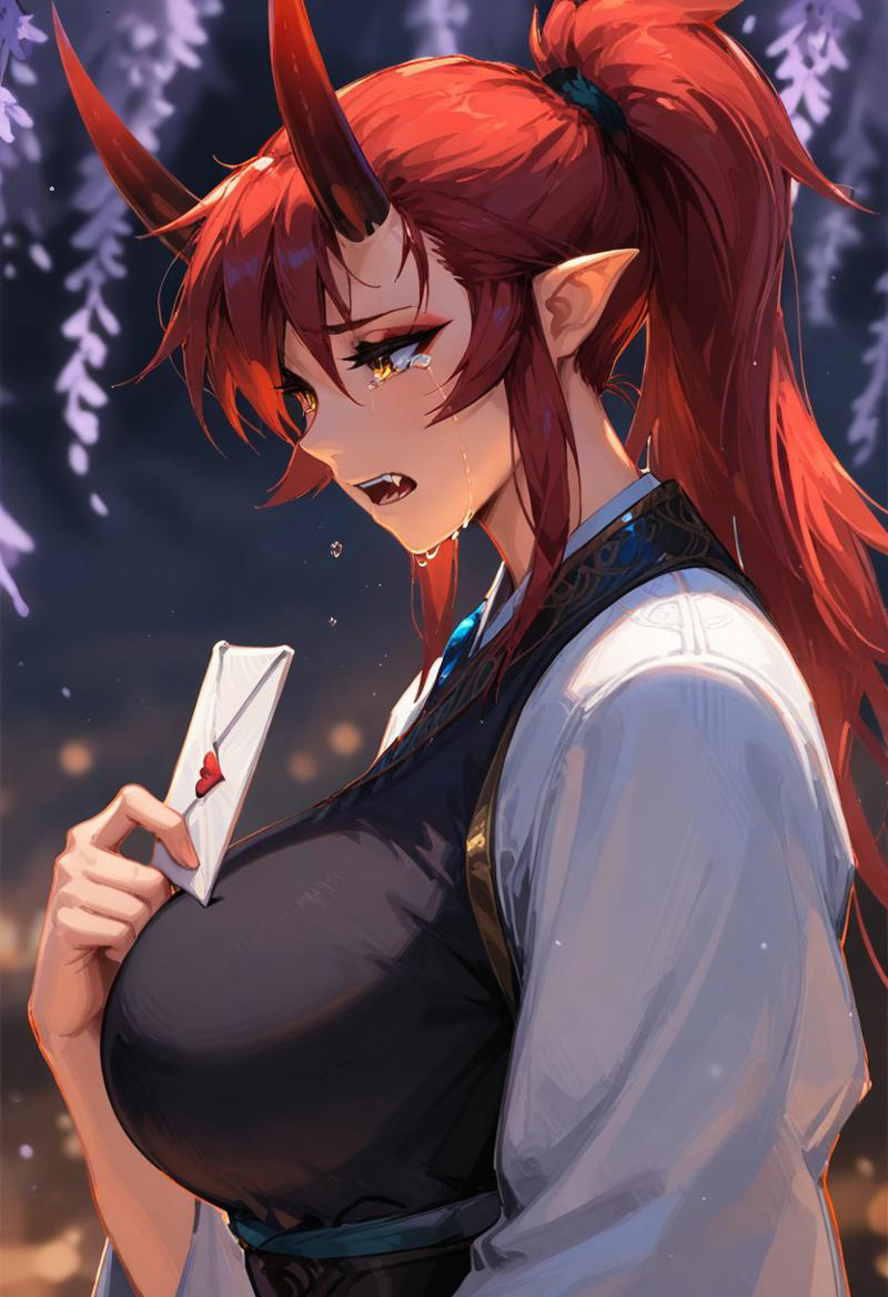klskx ,  
masterpiece, best quality, amazing quality,
1girl, red hair, blurry, blurry background, golden eyes,  open mouth, fangs, depth of field, under a purple weeping willow, under the moonlight. Holding to her chest a love letter squeezed in her hand. crying, tears running down her cheeks. Extremely sad. Loowking down. Close up, upper body only, looking at the letter, from the side, dutch angle. night. hues of purple and blue
, solo masterpiece,best quality,mature female,curvy,large breasts, Oni, Reika, Zeriastra, Skybreaker,1girl, solo, adult, tall female, golden eyes, red makeup, red hair, streaked hair, long hair ponytail, ponytail, short hairs, red and black horns, spiky horns, breasts, large round breasts, muscular,
Wearing a nobleswoman medieval dress