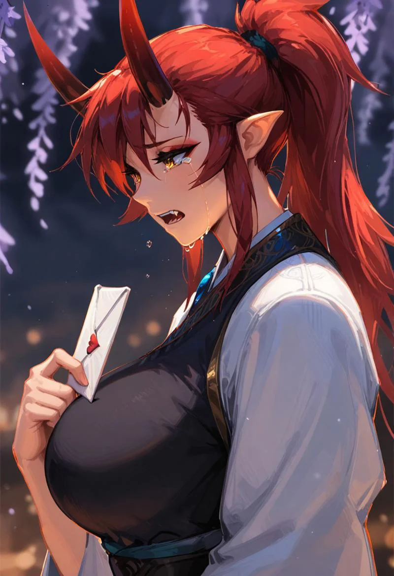 klskx ,  
masterpiece, best quality, amazing quality,
1girl, red hair, blurry, blurry background, golden eyes,  open mouth, fangs, depth of field, under a purple weeping willow, under the moonlight. Holding to her chest a love letter squeezed in her hand. crying, tears running down her cheeks. Extremely sad. Loowking down. Close up, upper body only, looking at the letter, from the side, dutch angle. night. hues of purple and blue
, solo masterpiece,best quality,mature female,curvy,large breasts, Oni, Reika, Zeriastra, Skybreaker,1girl, solo, adult, tall female, golden eyes, red makeup, red hair, streaked hair, long hair ponytail, ponytail, short hairs, red and black horns, spiky horns, breasts, large round breasts, muscular,
Wearing a nobleswoman medieval dress
