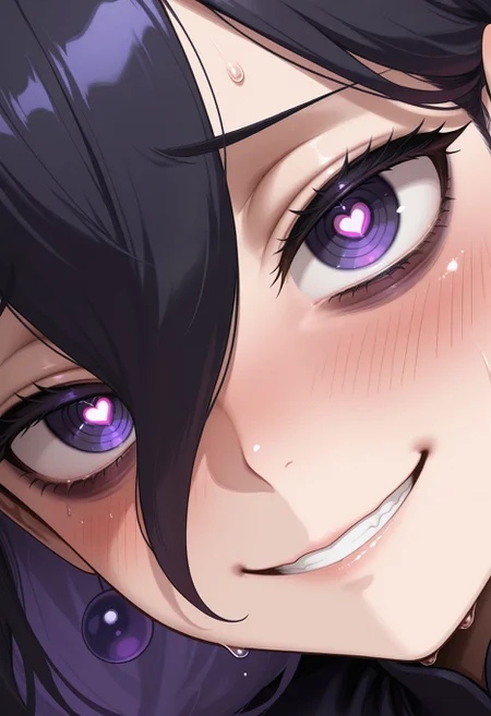 masterpiece,best quality,amazing quality, absurdres,<lora:hex_maniac_pokemon_legends_z-a_ilxl_goofy:1> hex maniac plza,1girl, bags under eyes, black hair, blush, close-up, double-parted bangs, earrings, hair between eyes, heart, heart-shaped pupils, jewelry, multicolored hair, nervous smile, purple eyes, purple hair, ringed eyes, smile, solo, sweat, symbol-shaped pupils, two-tone hair
