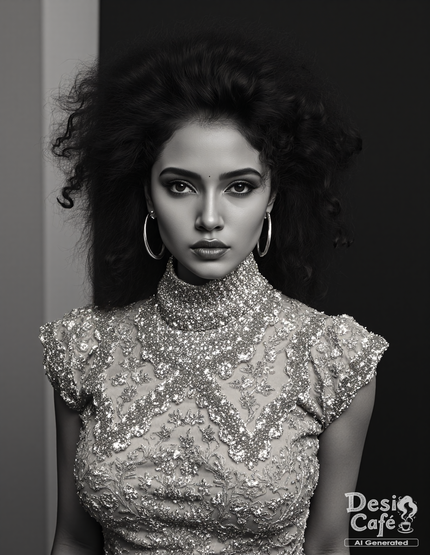 black and white photo of d351 h0nth woman, hyper realistic photo that is safe for work, serious, studio quality image with natural colors, well dressed wearing intricate turtleneck floral summer dress, hair styled as  curls, cinematic lighting,ââ   <lora:d351 h0nth - Pouty Indian Lips - V2:1>âââ