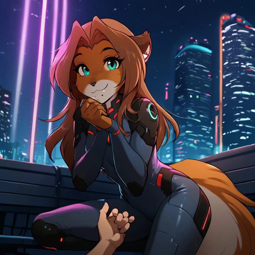 score_9, score_8_up, score_7_up, masterpiece, best quality, good quality, Expressiveh, source_furry, cyberpunk. city, night time, night sky, neon lights, 1 girl, solo, laura-twokinds, furry, skintight bodysuit, sitting on a bench, eating snack, looking at viewer, smile, (strokes his chin,), (human hand first person view),