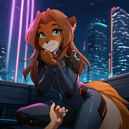 score_9, score_8_up, score_7_up, masterpiece, best quality, good quality, Expressiveh, source_furry, cyberpunk. city, night time, night sky, neon lights, 1 girl, solo, laura-twokinds, furry, skintight bodysuit, sitting on a bench, eating snack, looking at viewer, smile, (strokes his chin,), (human hand first person view),