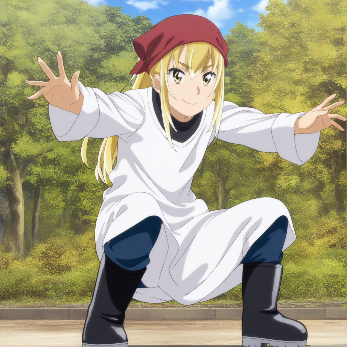 sharp focus, masterpiece, source_anime, (anime_screencap:1.2), absurd res, best quality, BREAK
<lora:Anzu_hinamatsuri_IL_v0.8:1>, anzu_il, anzu_ver2, 1girl, solo, blonde_hair, bangs, hair_between_eyes, yellow_eyes, white_sleeved_tunic, red_headscarf, rubber_boots, full body,