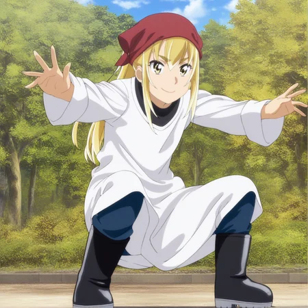 sharp focus, masterpiece, source_anime, (anime_screencap:1.2), absurd res, best quality, BREAK
<lora:Anzu_hinamatsuri_IL_v0.8:1>, anzu_il, anzu_ver2, 1girl, solo, blonde_hair, bangs, hair_between_eyes, yellow_eyes, white_sleeved_tunic, red_headscarf, rubber_boots, full body,