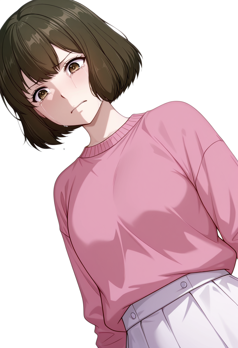 masterpiece,high quality details, absurdres,
 <lora:Akira_Dojima_V2:0.8> akira_cnr,1girl, brown hair, short hair, bob cut, bangs,brown eyes, akira_def, white skirt,pink sweater,, simple background, white background, dutch angle,solo,, frustrated,sobbing,