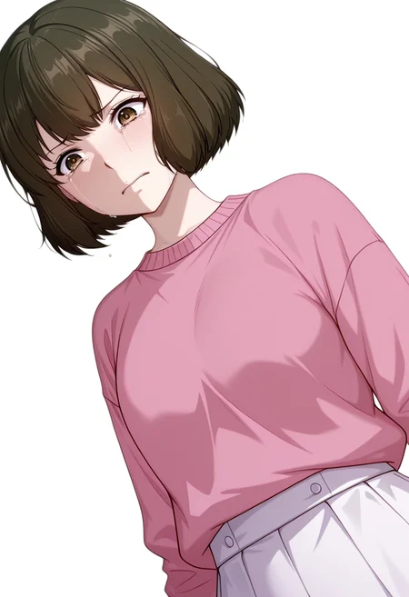 masterpiece,high quality details, absurdres,
<lora:Akira_Dojima_V2:0.8> akira_cnr,1girl, brown hair, short hair, bob cut, bangs,brown eyes, akira_def, white skirt,pink sweater,, simple background, white background, dutch angle,solo,, frustrated,sobbing,
