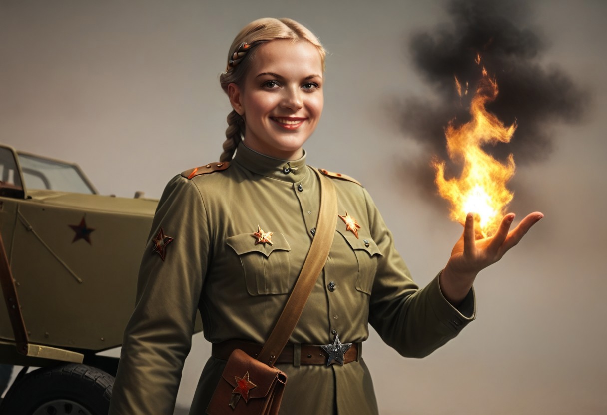 ultra-realistic,  A soviet military beautiful blonde girl in military uniform, res star on the cap, long blonde braid, nice smile, AK-47 ready to fire, masterpiece, good quality, best quality, , looking at viewer, holding, standing, full body, professional, exquisite beauty,  epic composition, best quality.