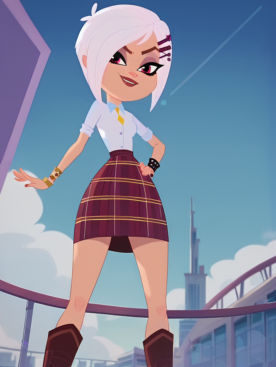 <lora:BrittanyBiskitMazzmer:1> 1 girl, brittanybiskit, smirk, lens effect, purple eyes, cityscape, blue sky, white cclouds, low angle shot, skirt,  plaid skirt in burgundy and yellow lines, matching burgundy boots, looking at viewer, lens flare, score_9, score_8_up, score_7_up, score_6_up, score_5_up, score_4_up,