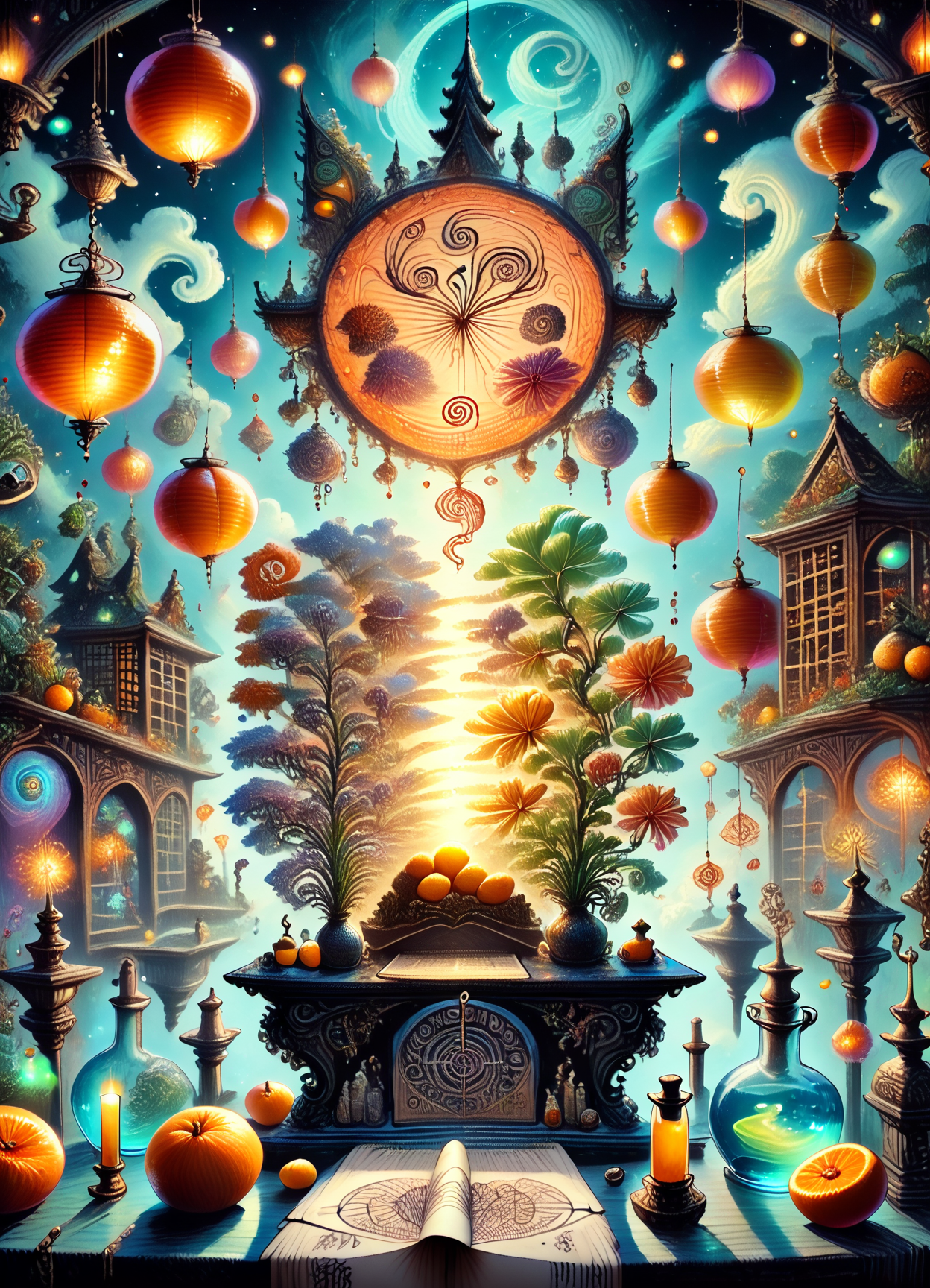 DonMM4g1c4c4d3myXL, score_9, score_8_up, score_7_up, score_6_up, lunar newyear, Chinese landscape painting, Cheerful, Paper cuttings, Intricate designs representing luck and happiness, Oranges and tangerines, Represent luck and wealth, Temples, Busy with worshippers praying for good fortune, surrounded by incense smoke and festive decorations, Praying at temples, Floating lanterns, Released into the sky or water, symbolizing the release of worries and wishes for the new year,  rating_safe  <lora:DonMM4g1c4c4d3myXL-pony:1.1>
