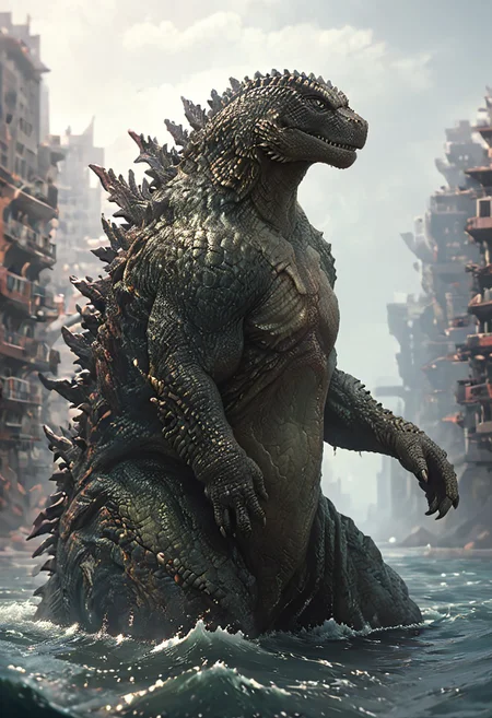 score_9, score_8_up, score_7_up, solo, portrait, from side, 1man, giant dinosaur reptilian monster Godzilla, spines, feral, realistic scales, detailed scale texture, solo, outdoors, out of the ocean, partially submerged, wading through the water, miniature city, building miniatures in the background, solo, full body, solo, extremely detailed, Macro detailed realism style photograph, 3DMM