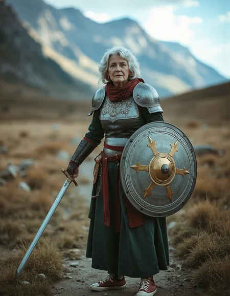 A 35mm analog kodachrome photo, high iso, a your mum, grey hair, armour, converse shoes, holding a sword and shield