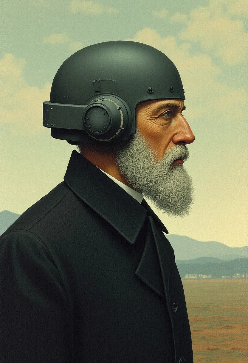 yfg-magritte Cyborg, exosuit, mech, futuristic, (off-center composition, left aligned, Portrait), an old male cyborg, grizzeld beard, battle worn, bulky power armor, gothic battle field, cinematic film still retro arcade style dark art by Keos Masons, detailed art by Rimel Neffati, vibrant, Abstract expressionism, bold brushwork, emotional intensity, Street art, graffiti, vibrant colors, urban themes. 8-bit, pixelated, vibrant, classic video game, old school gaming, reminiscent of 80s and 90s arcade games. shallow depth of field, vignette, highly detailed, high budget, bokeh, cinemascope, moody, epic, gorgeous, film grain, grainy.