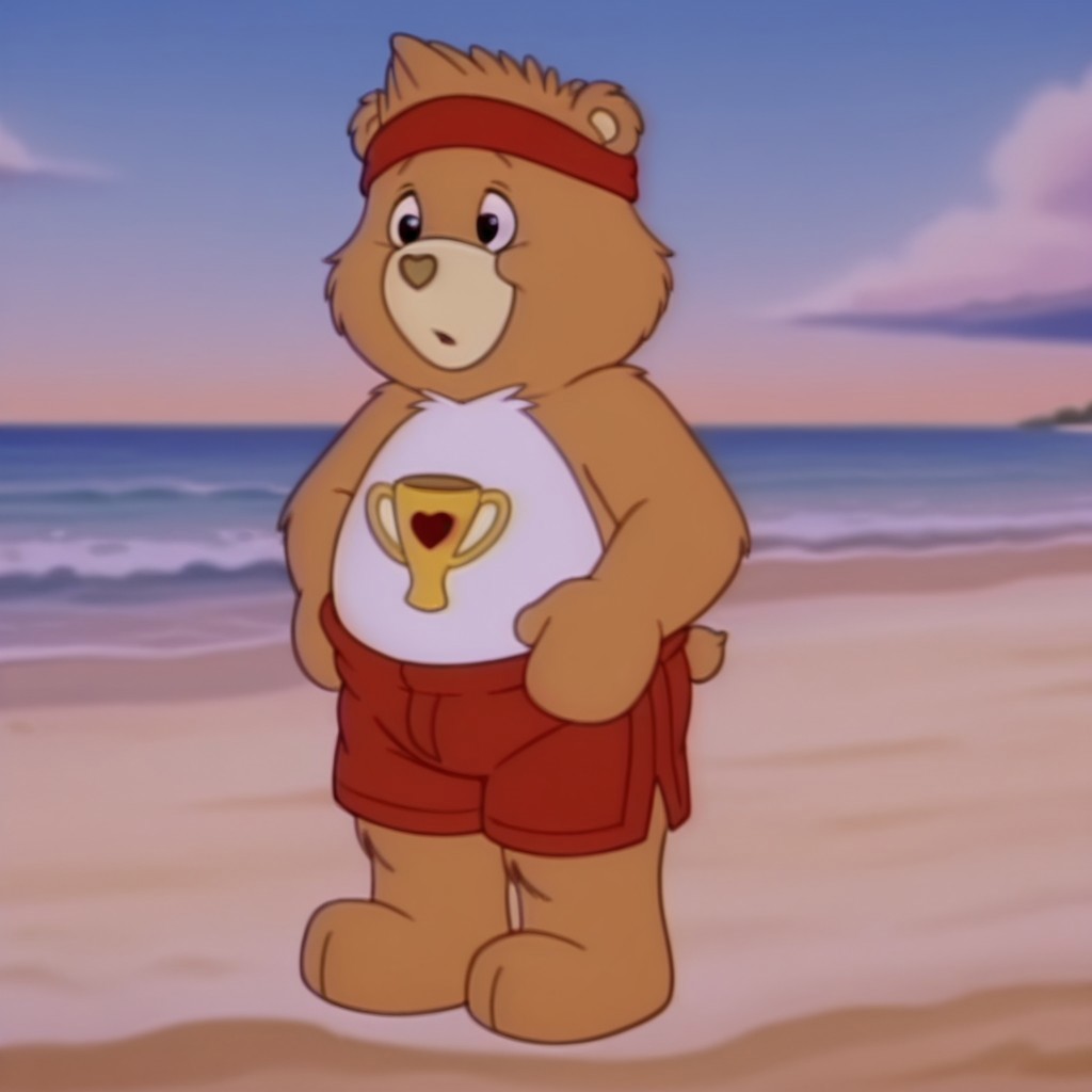 ,masterpiece, best quality, amazing quality,  champbearil, semi-anthro, male, bear_boy, yellow-orange fur, black eyes, tummy symbol, full body, solo, red headband, red shorts, at the beach