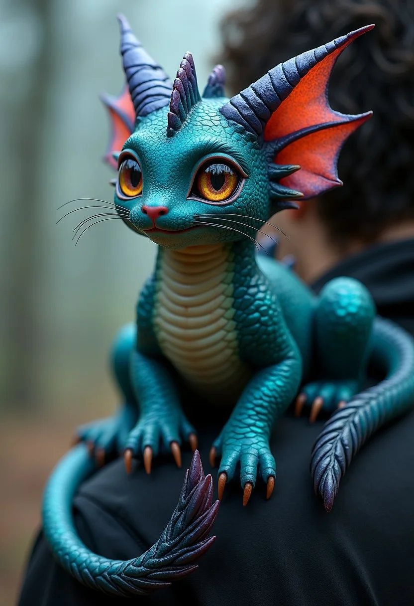 Create an image of an unusual but cool fantasy pet companion. The creature is a mix between a small dragon and a cat, with sleek, shimmering scales that glow faintly in dark shades of teal and violet. It has large, intelligent eyes that shift colors with its emotions, and two small, spiraled horns atop its head. The creature’s wings are leathery yet delicate, resembling those of a bat, and its tail is long with a tuft of fur at the end. The paws are soft with retractable claws, giving it a cat-like grace as it lounges comfortably on a wizard’s shoulder, showing off its playful yet regal demeanor.