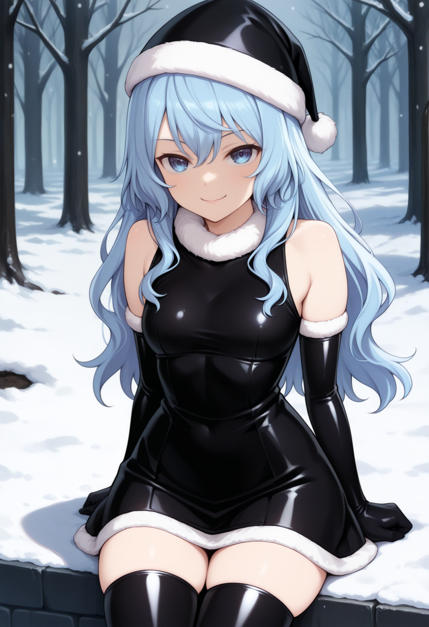 best quality, masterpiece \(quality\),
liselotte cretia,
evil smile, closed mouth,
1girl, solo,
black latex, sleeveless dress, thighhighs, elbow gloves, santa hat, santa costume, 
cowboy shot, sitting, 
snow, outdoors, 
<lora:faux-liselotte-cretia-mixed4-noobv-lora-rank128a32-adaf-attn-2024-12-29_18-48-28-save-660-3-0:0.9> <lora:latex-fantasy-noobvpred-v15mk2-step10560-rank256:0.8>