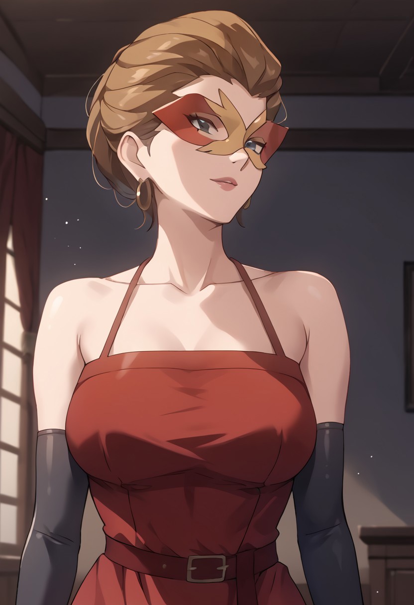 score_9, score_8_up, score_7_up,at room, indoor, moonlight,night view,richlady, short hair, brown hair, mask,ear accessory, black gloves, bracelet, ear accessory, mature female,red leather one-piece dress, upper body, front view