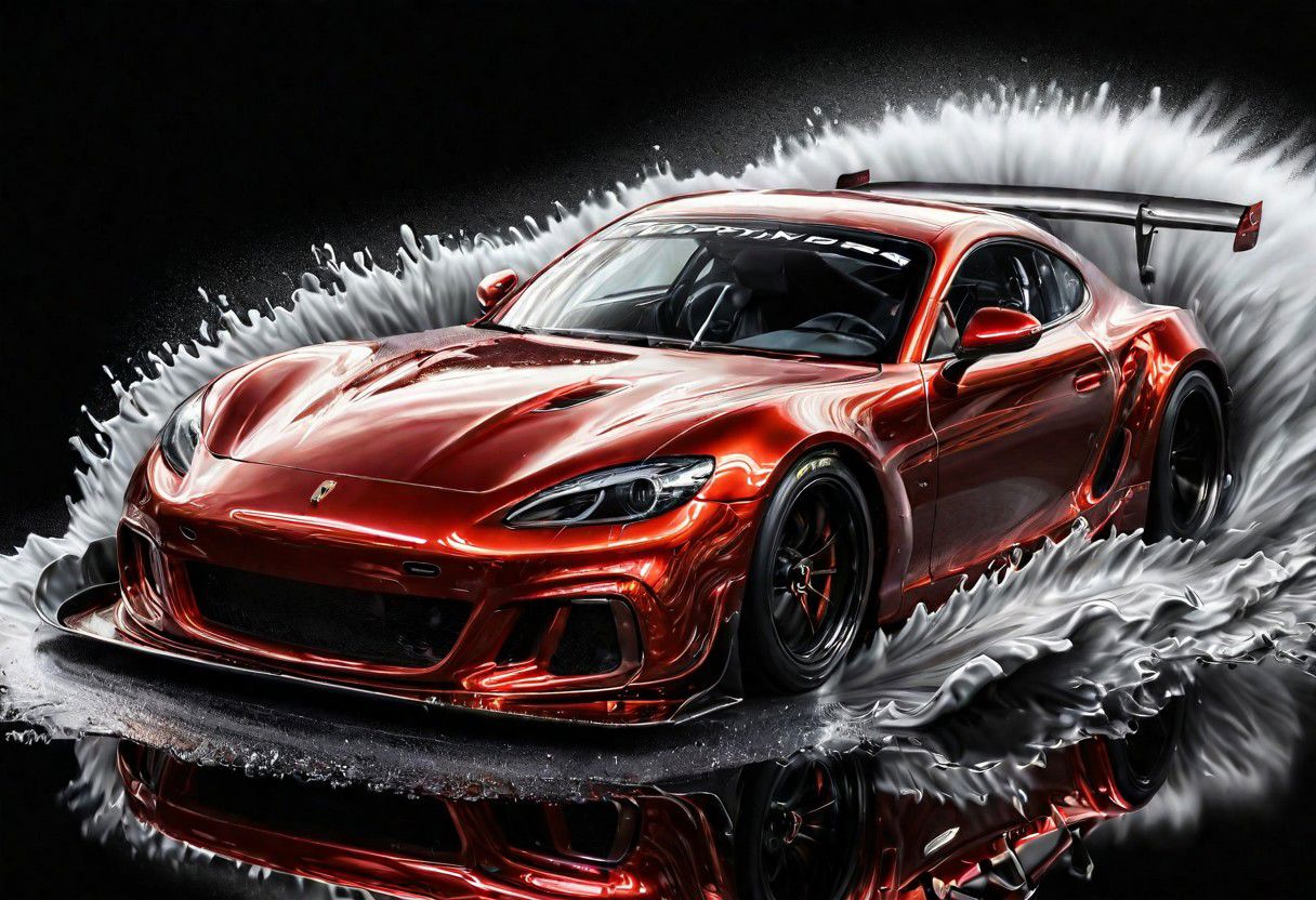 RED sports car, race car, racing through SILVER LIQUID METAL, liquid metal sprays up from the cars tyres, Car drifting sidewys in a black void