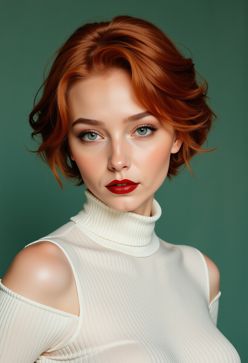 Headshots,masterpiece, a beautiful woman,Hyperrealistic, she is smiling, dynamic angles, multiple angles, photoshoot poses; A photo of Redhead 4, a woman with short hair, she has massive breasts, a beautiful girl,she is wearing a white turtleneck sweater.she has massive breasts, she has piercing eyes. a dynamic pose and a sense of action. simple green background, and the lighting is soft, creating a dramatic effect, creating a focused and dynamic pose.; the scene is set in a beautiful well-lit environment, with a sense of action and adventure. Style: realistic hyper-detailed rendering, 32k UHD, expressive eyes, punk, graphic design, girl's face, pretty and cute, gleaming lips, telling a tale of adventure. Exuding confidence and serenity. The overall mood of the image is happy and relaxed, detailed skin texture,(blush:0.2),(goosebumps:0.3), subsurface scattering,with a playful and whimsical tone,perfect hand, hand, detailed hand,Niji Stan Katayama Style,retro50s_style,