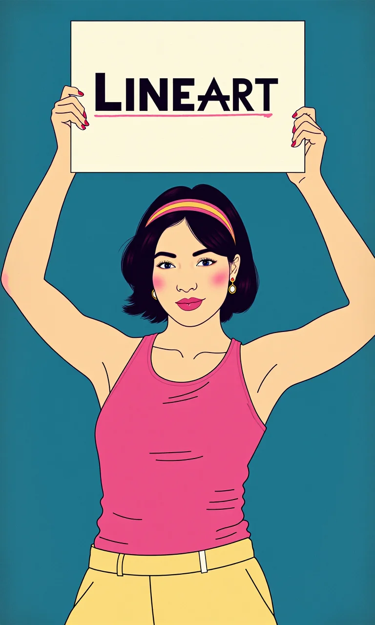 the image features a woman holding a sign saying:"Lineart", <lora:line_art_flux:0.8>