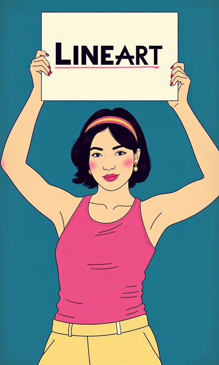 the image features a woman holding a sign saying:"Lineart", <lora:line_art_flux:0.8>
