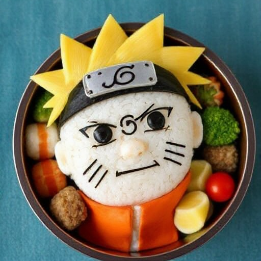 A bento box inspired by Naruto, with rice shaped into a round ball to represent his face, and nori used to create his spiky blond hair and facial features. His iconic headband symbol is formed with a small piece of nori on top of the rice, and his orange jumpsuit is represented by thin slices of carrot and bell pepper. The bento also includes small pieces of sushi and tempura vegetables, with some broccoli and cherry tomatoes arranged to fill in the rest of the design. The entire bento captures the spirited and adventurous essence of Naruto in a fun, edible way.
Ensure the depiction is natural and pays close attention to accurate textures and lighting throughout the scene), intricate hand-painted details, ultra-realistic textures, award-winning craftsmanship || studio rim lighting, vivid yet tense colors, UHD resolution, rich details, award winning, impactant image, dramatic pose
