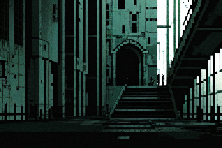 highly insanely detailed, masterpiece, top quality, best quality, highres, 4k, 8k, RAW photo, (very aesthetic, beautiful and aesthetic),  
tsutomu nihei,nihei_tsutomu,blame!,blame gakuen!,abara,TNstyle,sidonia_no_kishi,(city ruins,giant room,tunnel,stairs,mausoleum,megastructure in background,sidonia \(ship\)), 
<lora:blameLora_v10:0.5>, 
(1girl:1.3), 
solo focus, 
(in Venice),âââ