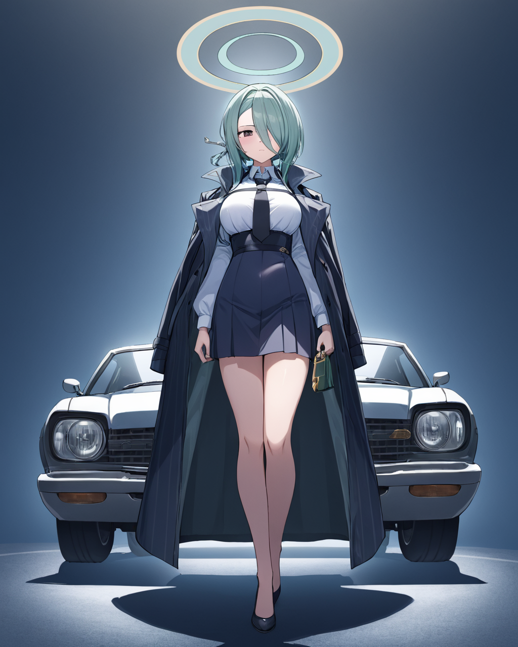mina \(blue archive\),1girl, solo, halo, hair_over_one_eye, black_necktie, white_shirt, looking_at_viewer, holding, ground_vehicle, collared_shirt, coat, standing, car, parted_lips, black_jacket, full_body, skirt, breasts
<lora:mina_(blue_archive)_image245_2023-11-28-000025:1>halo. gorgeous,key visual, vibrant, studio anime,award-winning, professional, highly detailed,high budget, cinemascope