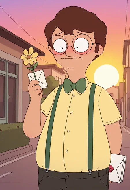 masterpiece, colorful, detailed background, toon \(style\), <lora:mrfrond-v5:0.75> (bb-mfyoung), aged up, young, (plump:0.5), glasses, 1boy, green suspenders, light-yellow shirt, short_sleeves, black shorts, green bowtie, holding flower, blush, nerovus, wavy mouth, sunset, holding envelope, solo, school, outdoors,