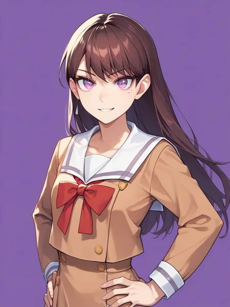 score_9,score_8_up,score_7_up,<lora:mygo:1>,1girl, black background, brown dress, brown hair, hanasakigawa school uniform, hand on own hip, long hair, long sleeves, looking at viewer, mole under eye, purple background, purple eyes, red bowtie, sailor dress, shiina taki, smile, solo, upper body, white sailor collar
