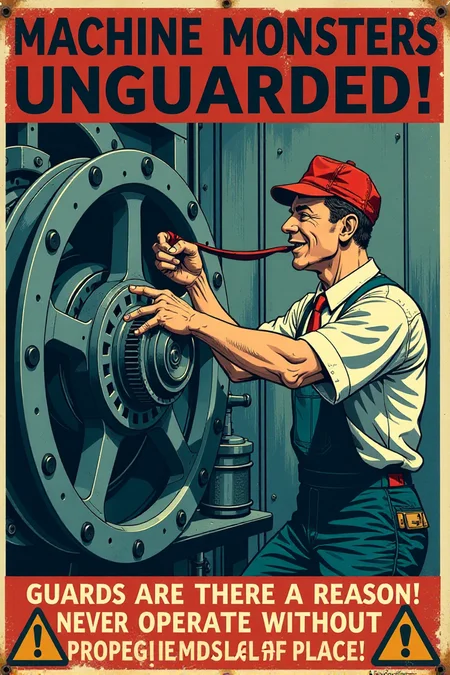 "Vintage safety sign illustration of a worker operating a large, dangerous-looking machine with all the machine guards completely removed or bypassed.  He is happily feeding his tie into moving gears and ignoring exposed blades and belts spinning dangerously close to his hands.  He has a blissful, carefree expression, completely unaware of the imminent danger of entanglement.  The sign text in bold, vintage lettering cries out: 'MACHINE MONSTERS UNGUARDED!  GUARDS ARE THERE FOR A REASON!  NEVER OPERATE WITHOUT PROPER GUARDS IN PLACE!' Render in a stark, slightly unsettling vintage cartoon style, contrasting the worker's oblivious happiness with the clearly dangerous unguarded machinery. Use a color palette that emphasizes the cold, metallic nature of the machinery (greys, blues) and warning reds for danger zones around the unguarded moving parts. Visually stunning vintage cartoon, direct machine guarding safety message, high detail in machine components and the worker's dangerous disregard for safety." <lora:REMEs_War_Poster_Style:0.9> In REME's War Poster Style,âââ