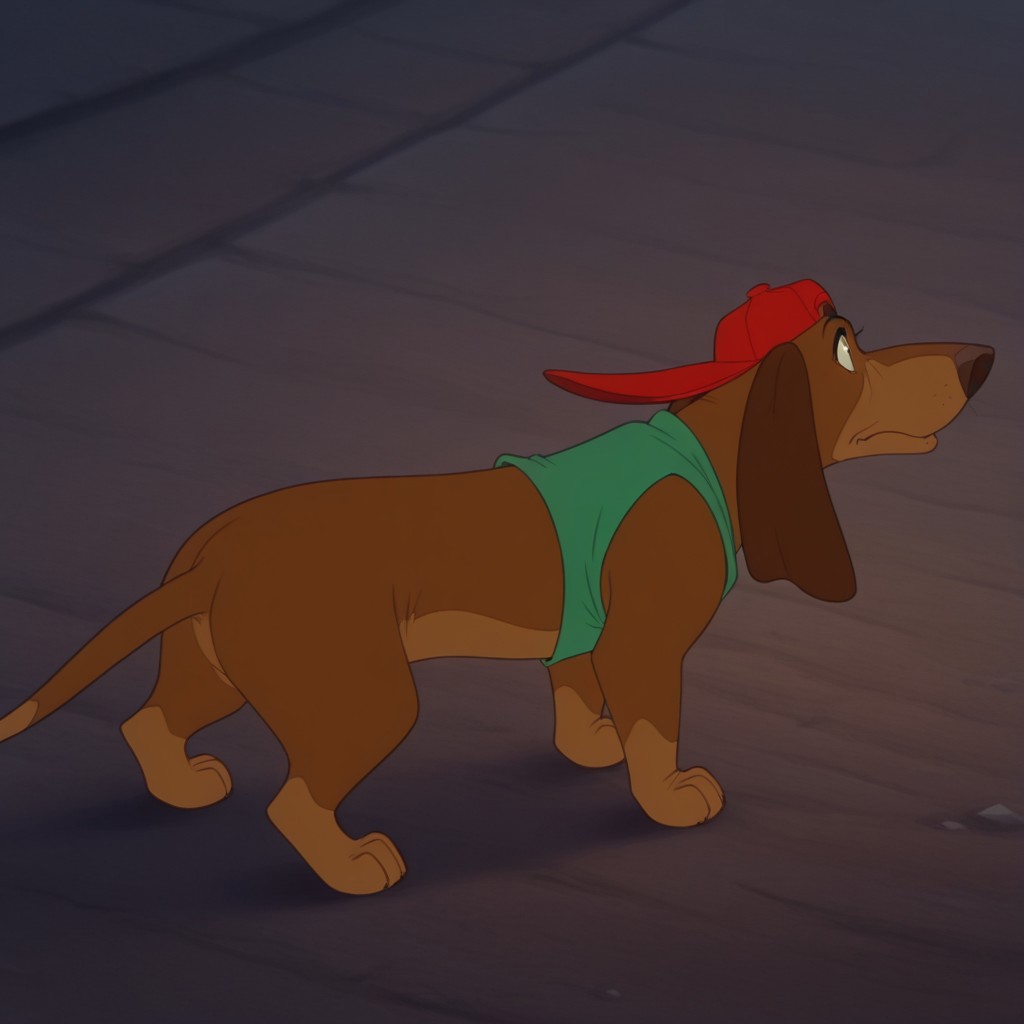 masterpiece, best quality, amazing quality, ItchyItchifordil, feral, male, Dachshund, brown fur, long ears, green shirt, sleeveless, red hat,  outside, standing,