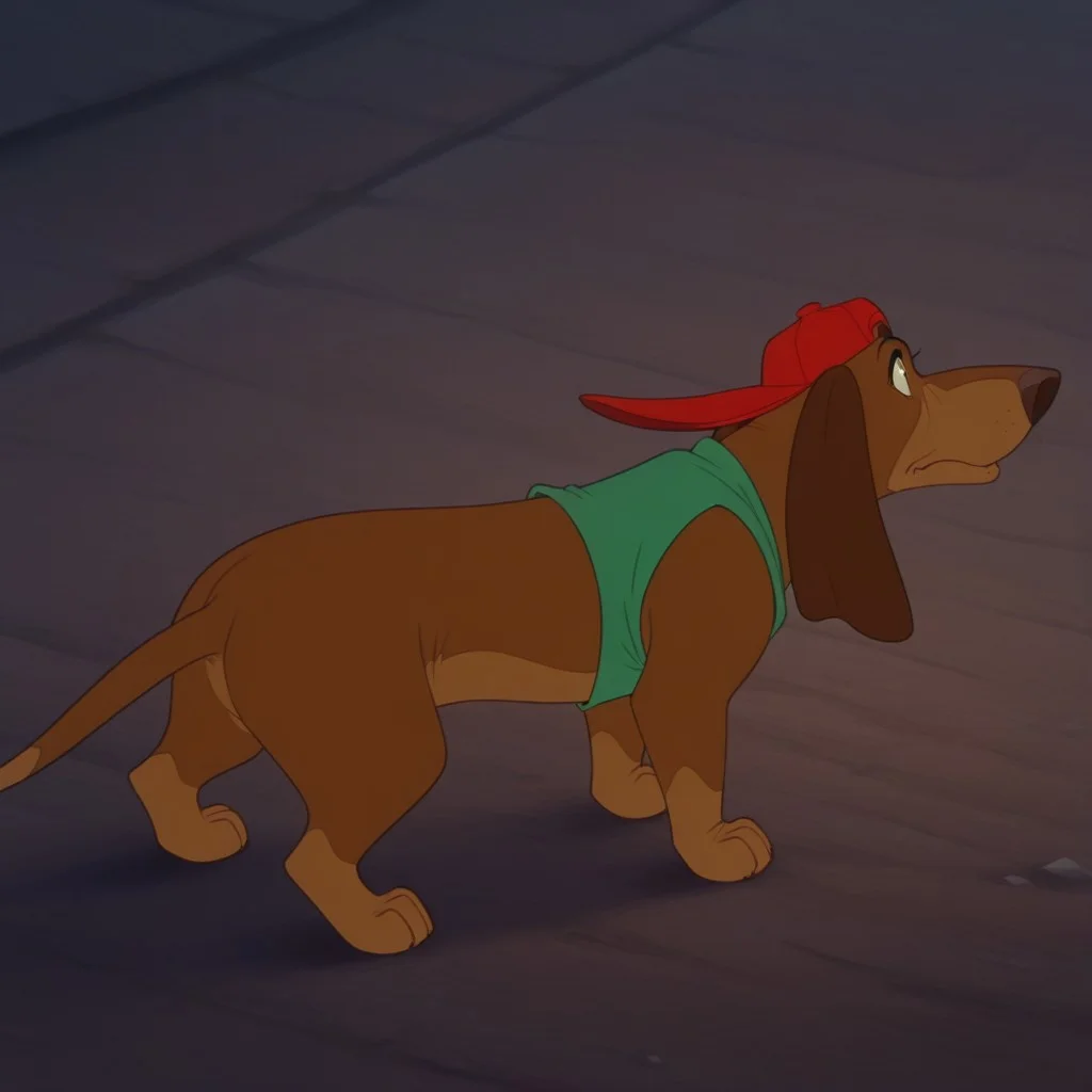 masterpiece, best quality, amazing quality, ItchyItchifordil, feral, male, Dachshund, brown fur, long ears, green shirt, sleeveless, red hat, outside, standing,