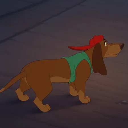 masterpiece, best quality, amazing quality, ItchyItchifordil, feral, male, Dachshund, brown fur, long ears, green shirt, sleeveless, red hat, outside, standing,