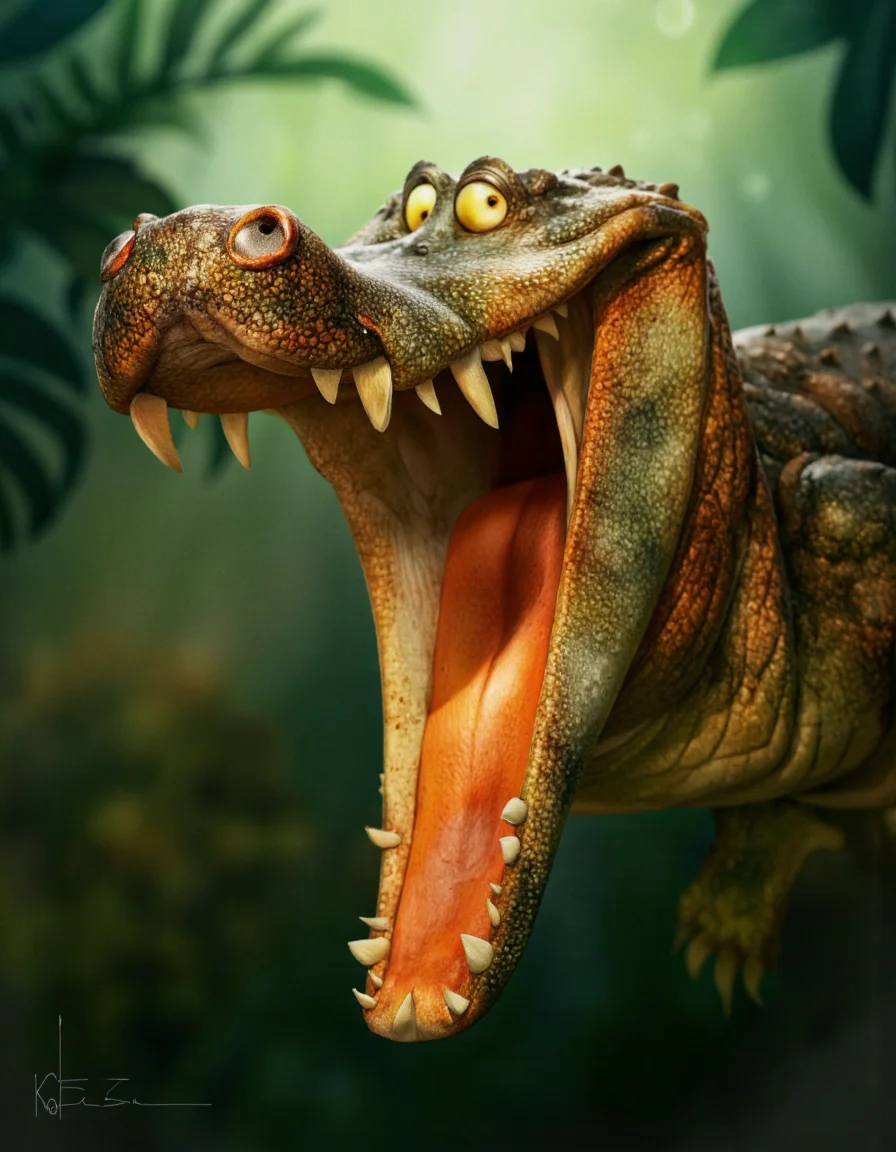 Art by Jean-Baptiste Vendamme. A digital illustration shoot from a close-up camera angle about a cartoon-style illustration of a crocodile with a menacing expression, roaring with its mouth wide open. the image also shows a detailed and vibrant background with a blurred, greenish hue, suggesting a forest or jungle setting. on the middle of the image, a no human, furry creature with large, expressive eyes, yellow pupils, and sharp teeth appears to be roaring. the creature has a scaly skin texture and is positioned in the center of the frame. it is facing the viewer with its eyes looking directly at the viewer, and its mouth is open wide, showing its sharp teeth and an orange tongue.
