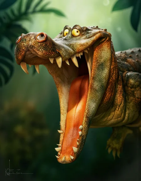 Art by Jean-Baptiste Vendamme. A digital illustration shoot from a close-up camera angle about a cartoon-style illustration of a crocodile with a menacing expression, roaring with its mouth wide open. the image also shows a detailed and vibrant background with a blurred, greenish hue, suggesting a forest or jungle setting. on the middle of the image, a no human, furry creature with large, expressive eyes, yellow pupils, and sharp teeth appears to be roaring. the creature has a scaly skin texture and is positioned in the center of the frame. it is facing the viewer with its eyes looking directly at the viewer, and its mouth is open wide, showing its sharp teeth and an orange tongue.