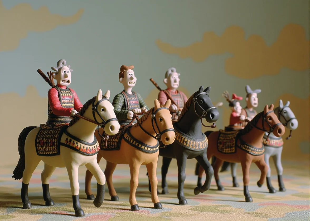 claymation,
Japanse art, ships and samurai on horses going to war all made of clay