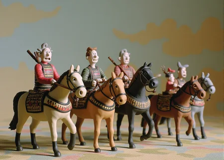  claymation, 
Japanse art, ships and samurai on horses going to war all made of clay