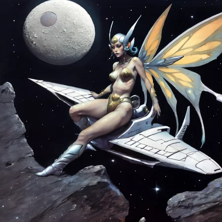 <lora:fr4z3tt4:0.75>fr4z3tt4 sci-fi spaceship fairy woman moon