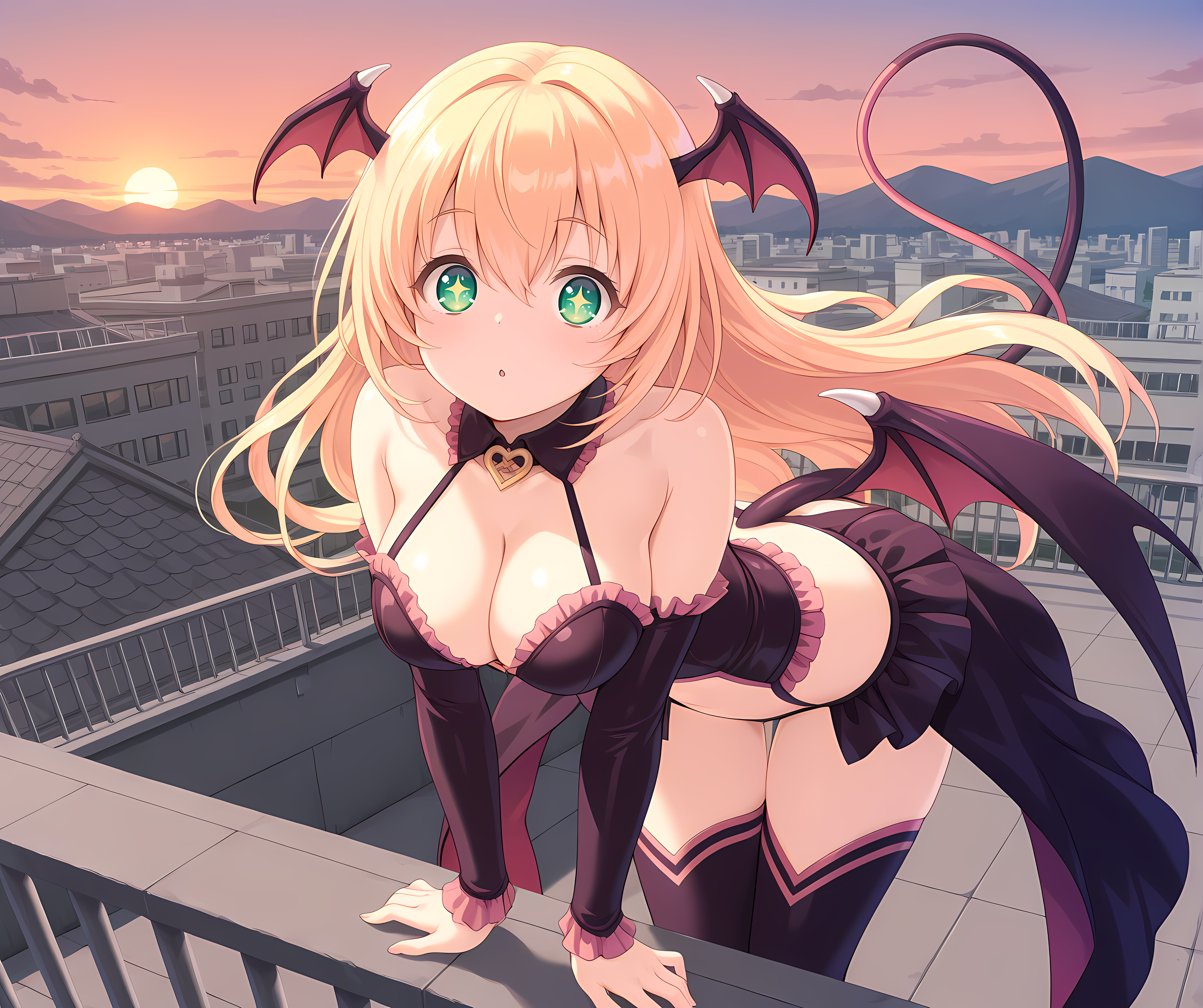 <lora:Alicia_Close_アリシアクローズ_-_Escude_-_Relord:0.7>,solo,aliclose,blonde hair,long hair,green eyes,+_+,medium breasts,succubus outfit,tail,outdoors,showgirl skirt,large breasts,looking at viewer,cityscape,sunset,mountainous horizon,rooftop,on rooftop,railing,demon girl,, masterpiece,best quality,amazing quality, very aesthetic, absurdres,detailed eyes,ultra-detailed,