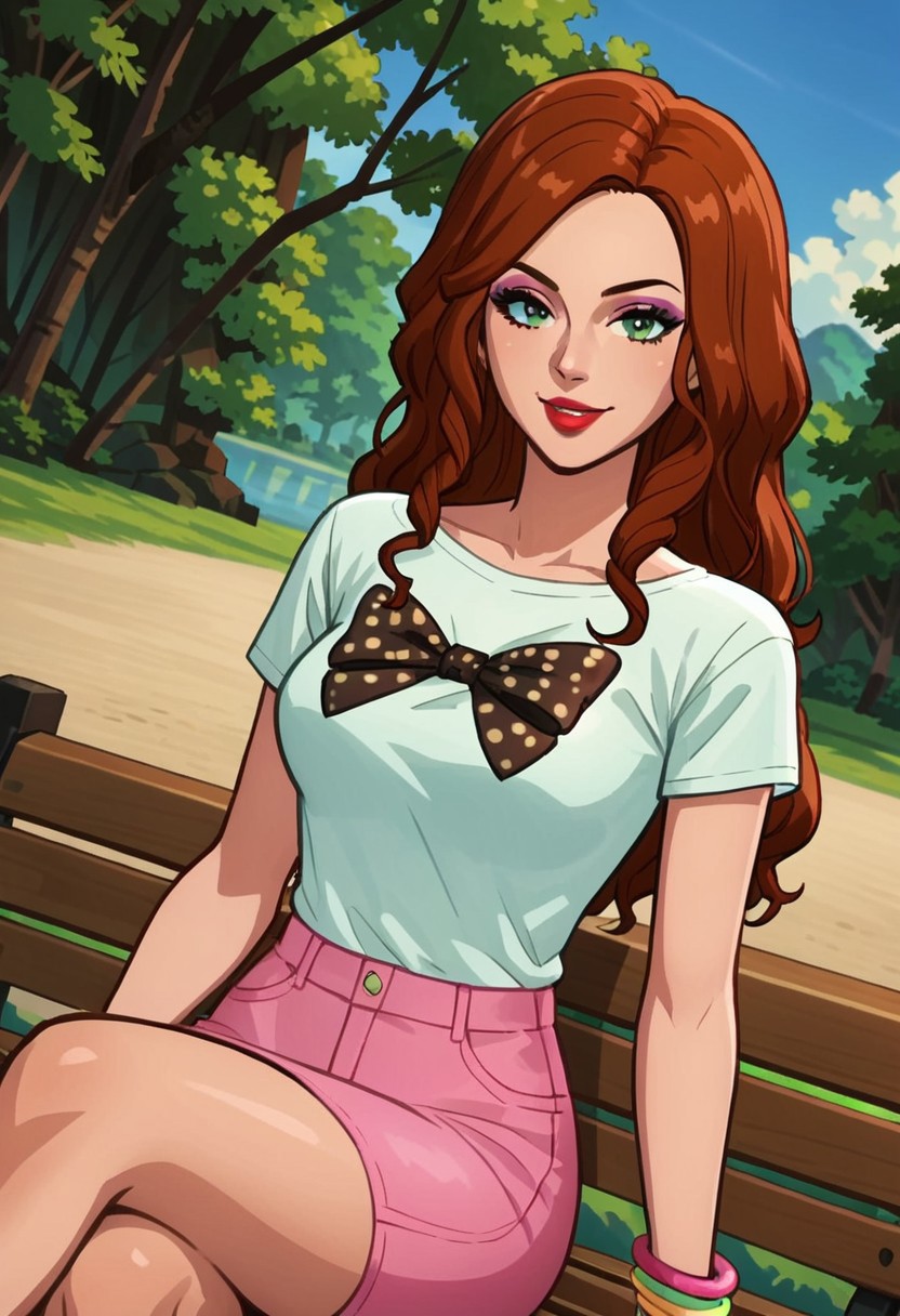 score_9, score_8_up, score_7_up, source_anime, anime_screencap, anime_coloring
Forest, daytime, sky, clouds
Rating_safe
smug, sitting, crossed legs, outdoors, 1girl, bench, trees, sky, clouds, sun, looking at viewer, day, forest, cowboy shot, upper body focus, (Dutch angle:1.4)
Sims4NinaCaliente, 1girl, long hair, brown hair, red hair, drill hair, curly hair, wavy hair, green eyes, makeup, eyeshadow, lipstick, red lips, print shirt, cropped shirt, t-shirt, short sleeves, miniskirt, pencil skirt, pink skirt, bracelet,