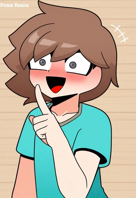 score_9, score_8_up, score_7_up,8k,(masterpiece,best quality)),best res,,good anatomy,cute,(sexy:1.3),ultra cute,,face,hot,female,smiling,extremely detailed face,4k,happy, upper body,,detailed eyes,beautiful,smiling,,cute,very cute,, ,blushing,upper body,tall,arms,, solo, blush, perfect lighting, hips, skinny,,,blushing,smiling,tall female,steve, solo, smile, open mouth, short hair, shirt, brown hair, 1boy, collarbone, upper body, male focus, :d, artist name, grey eyes, blue shirt, portrait, t-shirt, index finger raised, meme, wide-eyed, green shirt, brick wall, aqua shirt, wooden wall, hand up, black eyes, english text, watermark, 1other, brown background