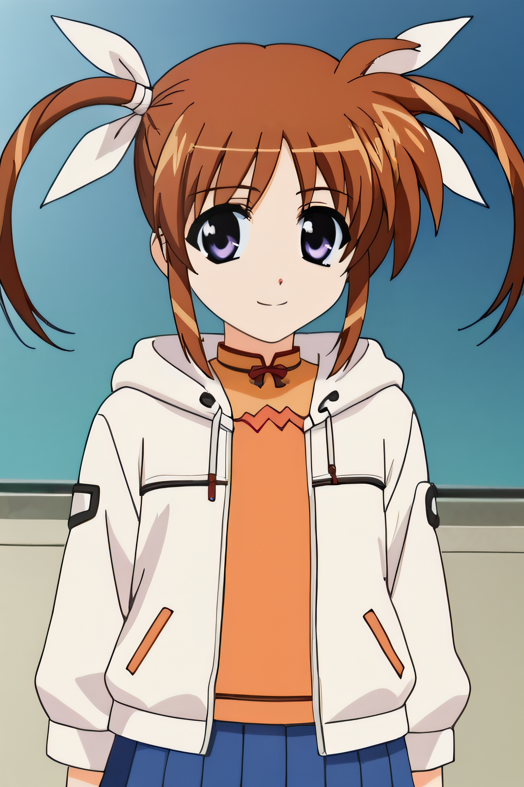 score_9, score_8_up, score_7_up, source_anime, rating_safe, intricate details, anime screencap, official style, 1girl, solo, <lora:Takamichi_Nanoha:1>, nanoha, brown hair, twintails, purple eyes, orange shirt, white jacket, hood, blue skirt, pleated skirt, looking at viewer, indoor, cowboy shot, standing, smile