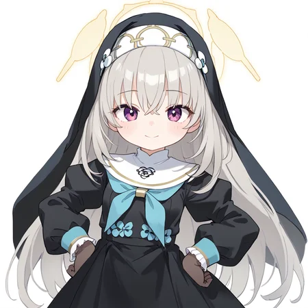 score_9, score_8_up, score_7_up, source_anime BREAK 1girl, solo, chibi, deformed, sakurako, purple eyes, smile, grey hair, very long hair, bangs, halo, nun hat, nun dress, black dress, long sleeves, puffy sleeves, blue neckerchief, frilled dress, black gloves, black thighhighs, hands on hip, standing, white background <lora:sdxl_lightning_8step_lora:1> <lora:sakurakoPDXL_scarxzys:0.8>