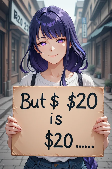 20is20, holding sign, anime, 1girl, raiden, smile, sign, masterpiece, looking at viewer, anime <lora:$20_is_$20_Holding_Sign_v1.0_-_Illustrious_by_JANXD:1>