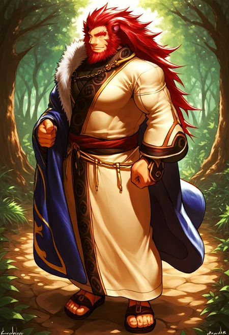 score_9, score_8_up, score_7_up, source_anime, solo, 1boy, fe_caineghis, long red hair, red beard, lion ears, orange eyes, robe, sandals, blue cloak, muscular, standing, posing, forest, smile,
