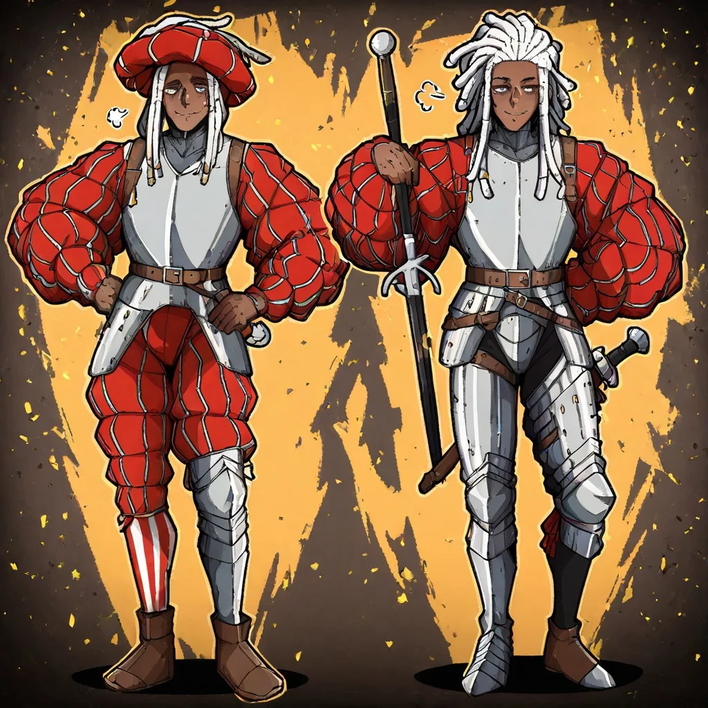 masterpiece, best quality, newest, absurdres, highres, mark_gavatino, mark gavatino style,
LKAV1.0, landsknecht, armor, belt, breastplate, chaperon hat, faulds, asymmetrical legwear, asymmetrical armor, puffy sleeves, puffy pants,
1boy, dark skin, dark-skinned male, dredlocks, white dreadlocks, african, african male,