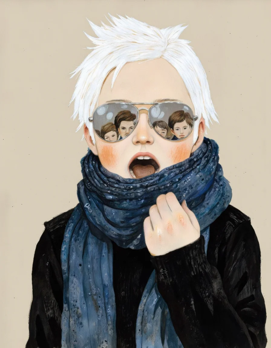 By Taiyo Matsumoto. A digital illustration shoot from a frontal camera angle about a stylized illustration of a boy with white hair and sunglasses, wearing a scarf and a scarf around his neck, with a neutral beige background. the image also shows a playful expression, with the boy's mouth open wide, showing his teeth, and his eyes looking directly at the viewer. on the middle of the image, the boy appears to be a young adult, with short, white hair styled in a spiky manner, wearing large, silver aviator-style sunglasses with the reflection of three small, brown-haired men's faces visible on the lenses. he is positioned in the center of the frame, with his upper body facing the viewer and his face partially obscured by the scarf. his expression is one of surprise or excitement, with an open mouth and teeth visible. the boy is wearing a black sweater and a dark blue scarf, and the background is a simple beige color. <lora:Taiyo_Matsumoto-000008:1>