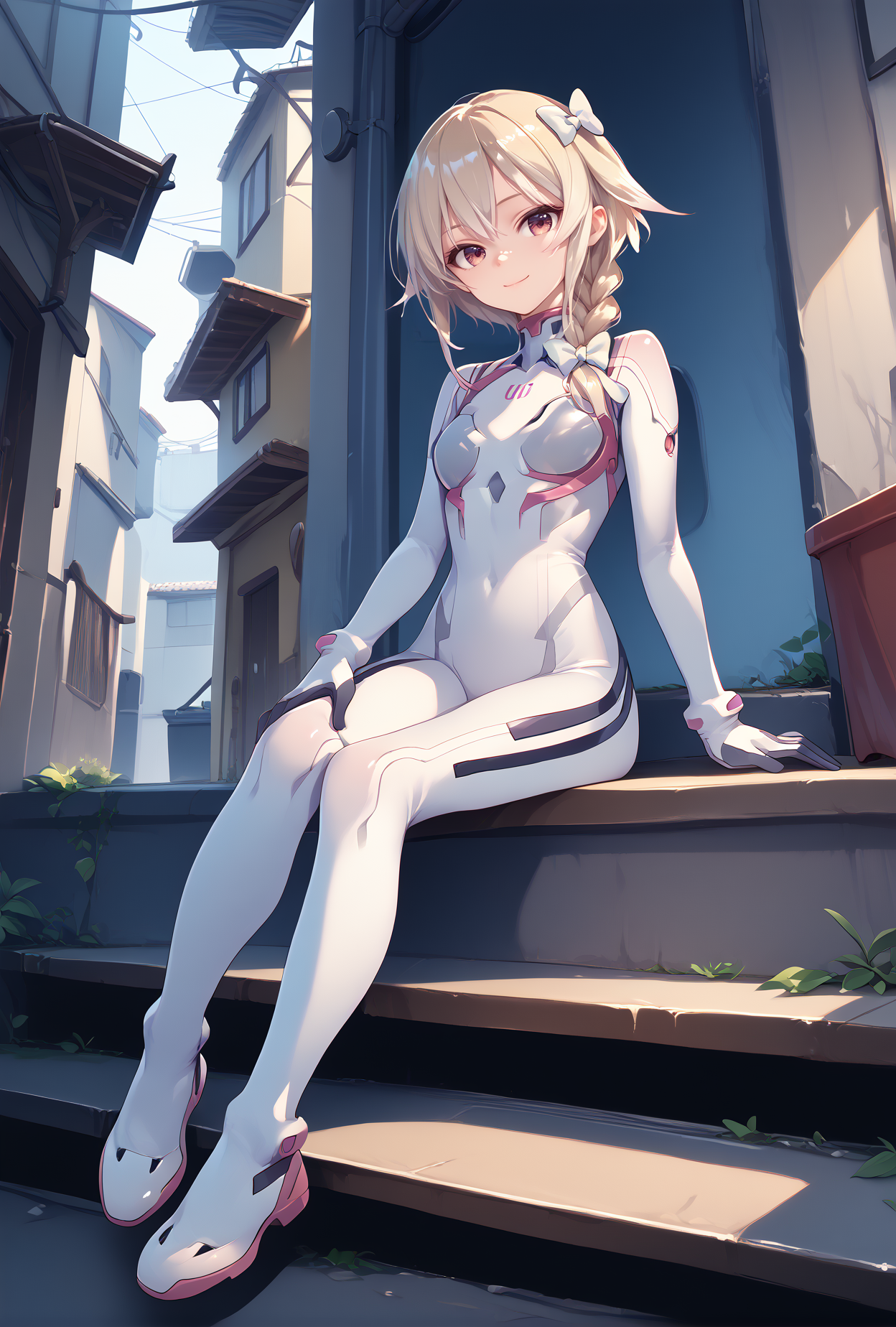 score_9, score_8_up, score_7_up, score_6_up, score_5_up, score_4_up,anime source,
 usami,1girl,blonde hair,braid,white hair bow, smile,
 Evasuit08, white bodysuit,
sitting on stair,alley,  <lora:UsamiXLPony:1>,<lora:Eva08XLPony:1>