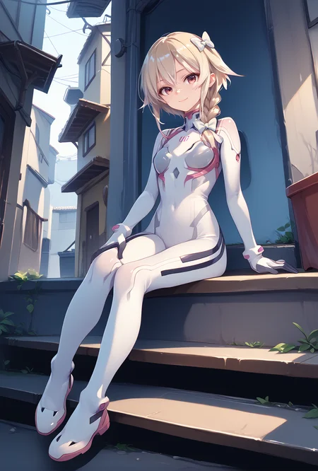 score_9, score_8_up, score_7_up, score_6_up, score_5_up, score_4_up,anime source,
usami,1girl,blonde hair,braid,white hair bow, smile,
Evasuit08, white bodysuit,
sitting on stair,alley, <lora:UsamiXLPony:1>,<lora:Eva08XLPony:1>