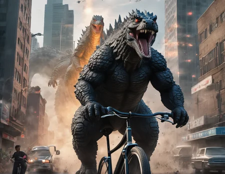 Godzilla riding bicycle ontop of busy city, detailed digital illustration, cinematic lighting, subject focus, dust and debris flying, cinematic lighting,
